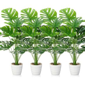 4 Pack Artificial Monstera Deliciosa Plants in White Pots, Fake Tropical Palm Fronds Tree with Turtle Leaves Greenery Stem, Faux Swiss Cheese Plant for Floor Office Home Wedding Party Decor (36 Inch)