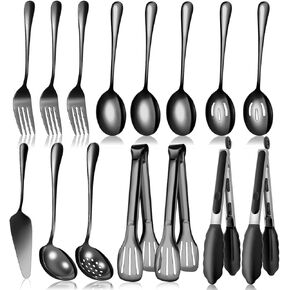 Serving Utensils Set for Partie, Silver Stainless Steel Metal Serveware Large Serving Spoons, Slotted Spoons, Forks, Tongs, Soup and Skimmer Spoon, Cake Server for Buffet, Catering, Entertaining 15pcs