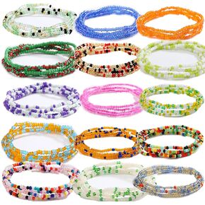 15 Pieces Tiny Seed Beaded Bracelet Boho Hawaiian White Rainbow Adjustable Colorful Bracelet for Women Girls Summer Handmade Turquoise Beach Beads Jewelry