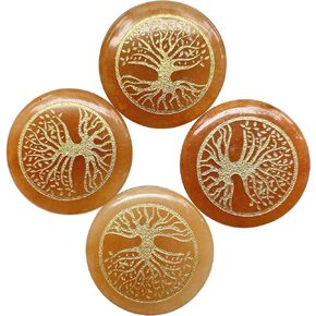 4Pcs Red Aventurine Engraved Tree of Life Round Palm Stone Sets, Polished Healing Pocket Crystal Chakra Reiki Balancing Meditation 30mm
