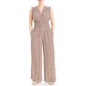 Max Studio Womens Fall 2023 Casual Ruffled V-neck Smocked Waist Chic Printed Everyday Wide Leg Jumpsuit
