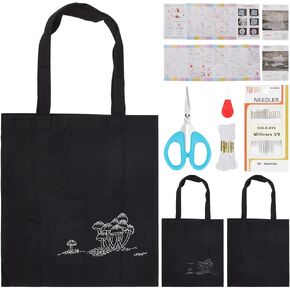 FREEBLOSS Sashiko Mushroom Canvas Bag Sashiko Kit with Full Sashiko Supplies Embroidery Kit with Instructions Sashiko Thread and Needles Hand Sewing Kit for Adults Beginners