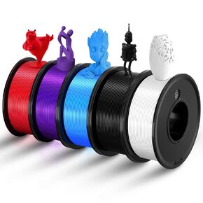 3D Printer Filament PLA 1.75mm 3-D Printing Materials 5 Colors Bundle Print Filimate 1.75 mm White Black Red Blue Purple Filiment1.75 Accuracy ±0.02mm Fillament Spool Vacuum Pack 250G X 5 Roll