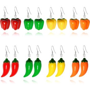 8 Pairs Lifelike Simulation Vegetable 3D Chili Pepper Food Resin Dangle Drop Earrings For Women Girls