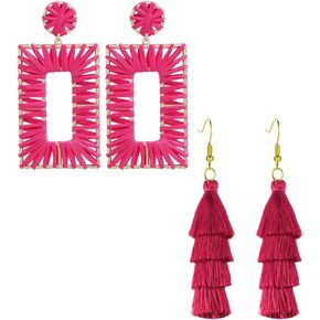 Hot Pink Earrings,Handmade Geometric Raffia Earrings,Boho Long Tassel Earrings for Women Girls