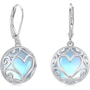 Moonstone Earrings for Women S925 Sterling Silver Hook Drop Earrings Cubic Zirconia Dangle Hypoallergenic Earrings for Women Girls Heart Sliver Earrings Jewelry Gift