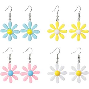 yueton 4 Pairs Daisy Earrings Candy Color Flower Earrings Yellow Flower Dangle Earrings Acrylic Petals Earrings for Women Girls Hawaii Travel