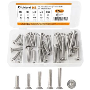 M8 x 30mm 35mm 40mm 45mm 50mm Flat Head Hex Socket Cap Screws Countersunk Bolts, 304 Stainless Steel, Metric Allen Hex Drive, Fully Threaded, Bright Finish, Assortment Kit 25PCS