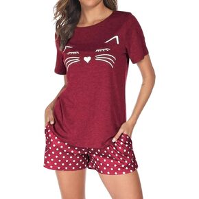 Women Pajama Set, Cute Print Short Sleeve Tops and Shorts Sleepwear Cat Pjs Cotton Pajamas Set