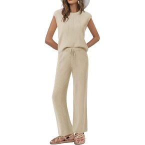 Imily Bela Womens 2 Piece Outfits Sweater Lounge Set Knit Sleeveless Pullover Top Wide Leg Pants Matching Sets