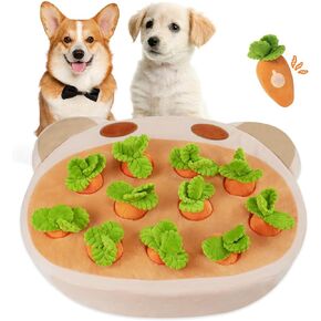 Dog Enrichment Puzzle Interactive Dog Toys Farm Snuffle Mat, Hide and Seek Carrot Farm Dog Toys, 11 Squeaky Carrots Carrot Patch Dog Snuffle Toy for Small Medium and Large Dogs Brown