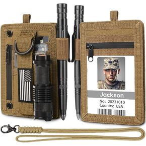 LIUGX Tactical ID Card Holder, 900D Nylon, Hook & Loop Patch Badge Holder, Waterproof Zipper Pocket, Neck Lanyard Key Ring and Credit Card Organizer, RFID Blocking