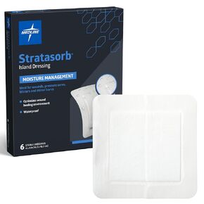 Medline Stratasorb Sterile, 4" x 4" Composite Island Dressing with Non-Adherent Gauze Pad, Waterproof Back, Protects Wounds, Can Be Worn Up to 7 Days, 6 Per Box, Not Made with Natural Rubber Latex