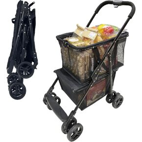 Newly Upgraded Portable Shopping Cart for Elderly, 80 lbs Stroller Foldable Personal Shopping Cart with Wheels, Grocery Cart On Wheels, Stroller Cart with One-Step Parking Brake