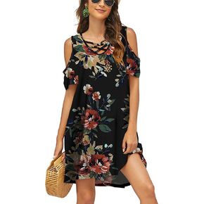 Bluetime Women Summer Cold Shoulder Criss Cross Neckline Short Sleeve Casual Tunic Top Dress (S-3XL)