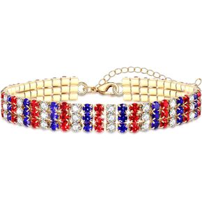 4 th of July Bracelet for Women Sparkling Red White and Blue Rhinestone Patriotic Tennis Bracelet American Flag Silver Tone Bracelet Adjustable Fourth of July Independence Day Costume Decoration Gift