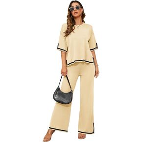 SISKIN Lounge Sets for Women - 2 Piece Travel Outfits Sweater Sets Short Sleeve Knit Pullover Tops with Wide Leg Pants