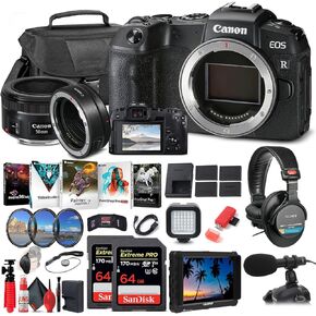 Canon EOS RP Mirrorless Digital Camera (Body Only) (3380C002) + 4K Monitor + Canon EF 50mm Lens + Pro Headphones + Mount Adapter EF-EOS R + Pro Mic + 2 x 64GB Card + Case + Filter Kit + More (Renewed)
