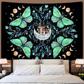 Lyacmy Moth Tapestry Moon Tapestries Mushroom Tapestry Aesthetic Butterfly Tapestry Green Floral Plant Tapestry Wall Hanging for Bedroom(51.2 x 59.1 inches) in Kuwait