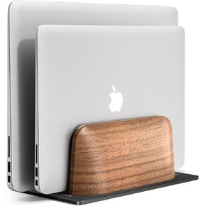 UPERGO Vertical Laptop Stand, Dual Slot Wooden Laptop Holder Vertical for Desk, Width Adjustable Dock for MacBook Pro and Other Laptops