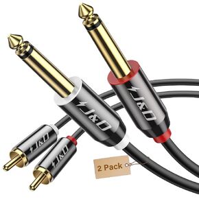 J&D Dual 1/4 inch TS to Dual RCA Stereo Audio Interconnect Cable, 2-Pack Gold Plated Copper Shell RCA to 1/4 Cable Heavy Duty 2X 6.35mm 1/4 inch Male TS to 2 RCA Male Adapter Cable, 3 Feet