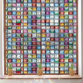 ConCus-T Stained Glass Window Film Rainbow Window Film Colorful Lattice Window Tint Rainbow Glass Decals Stickers Non Adhesive Anti-UV Privacy Film for Glass Door, 17.52" x 78.74"