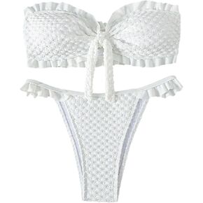 SweatyRocks Women's Two Piece Swimsuit Strapless Ruffle Knot Front Bandeau Bikini Set Thong Bathing Suits