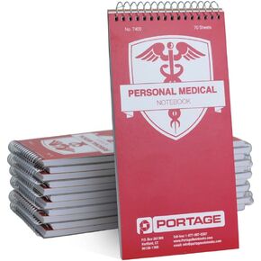 Portage Medical Journal – Medical Log Book to Track Drug Intake, Blood Sugar & Blood Pressure, Health Journey, Medical Diary with Template, Top Bound Spiral – 4x8 In, 70 Sheets, 3 Pack