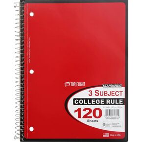 Top Flight Standards 3-Subject Wirebound Notebook, 120 Sheets, 3-Hole Punched, College Rule, 10.5 x 8 Inches, 1 Notebook, Color May Vary (31804)