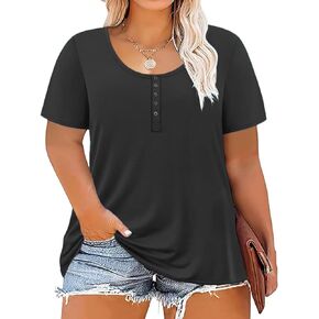 Women's Plus Size Shirt Short Sleeve Button Round Neck Top Basic Ladies Loose Fit T Shirt