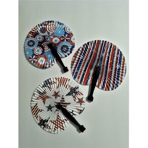 July 4th Patriotic 3 Mini Foldable Paper Fan Round Shaped Folding Accordion Fan with Plastic Handle