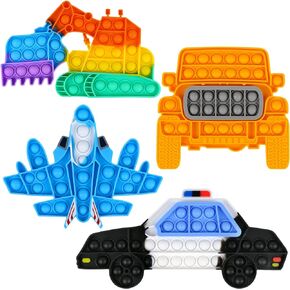 4 Pack Push Pop Bubble Sensory Fidget Toys,Rainbow Simple Fidget Toy Pack Bubble Popper Silicone Squeeze Toy Stress Relief Hand Toys Popping Game(Excavator,SUV,Aircraft, Police Car)