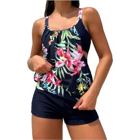 Floerns Women's 2 Piece Tankini Sets Tropical Print Scoop Neck with Shorts Bathing Suits