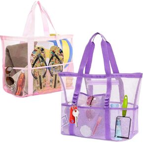 2 PCS Mesh Beach Bag with Zipper, Vacation Beach Toys Mesh Beach Bag with 8 Pockets Swimming Pool Bag Large Beach Tote Waterproof Sandproof Storage Travel Bag for Toys Bag Beach Accessories