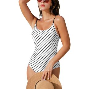 CUPSHE Women's One Piece Swimsuit Scoop Neck Bathing Suit Spaghetti Adjustable Straps Stripe