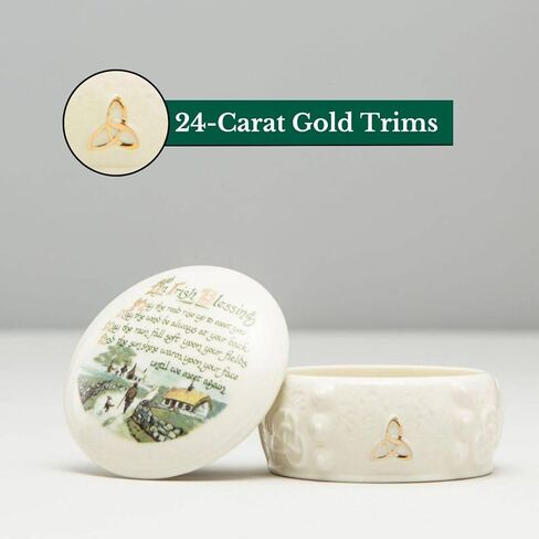 صندوق حلية صغير كلاسيكي أيرلندي بليسينج من بيليك مع غطاء ولمسات ذهبية عيار 24 قيراط - صندوق مجوهرات صغير للرجال والنساء - ديكور خزانة ملابس مصنوع يدويًا من البورسلين، حافظة تذكارية/مسبحة - صندوق ديكور صغير in Kuwait