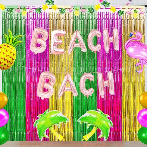 Luau Hawaiian Party Decorations, Flamingo Party Decorations, Green Rose Red and Yellow Foil Fringe Backdrop, Beach Bachelorette Streamer for Tropical Hawaiian Aloha Party Decorations(3 Pack) in Saudi Arabia