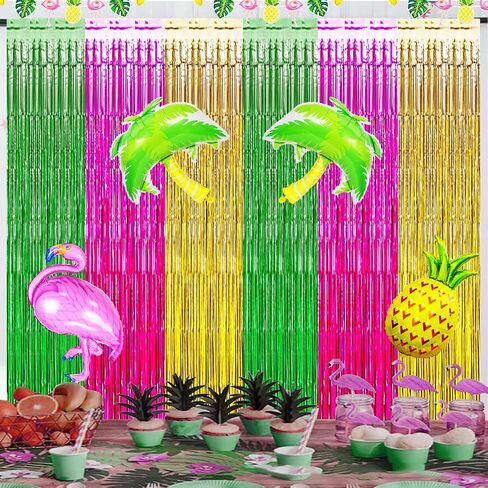 Luau Hawaiian Party Decorations, Flamingo Party Decorations, Green Rose Red and Yellow Foil Fringe Backdrop, Beach Bachelorette Streamer for Tropical Hawaiian Aloha Party Decorations(3 Pack) in Saudi Arabia