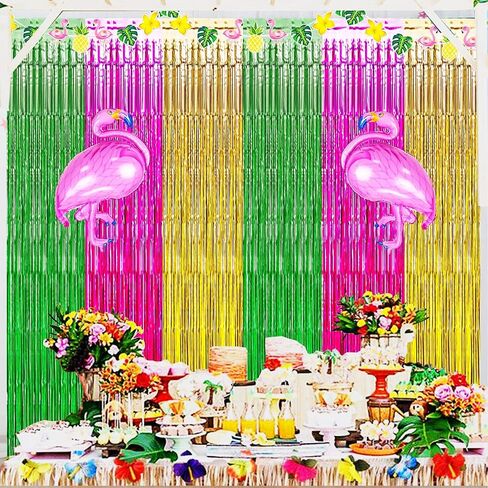 Luau Hawaiian Party Decorations, Flamingo Party Decorations, Green Rose Red and Yellow Foil Fringe Backdrop, Beach Bachelorette Streamer for Tropical Hawaiian Aloha Party Decorations(3 Pack) in Saudi Arabia