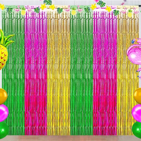Luau Hawaiian Party Decorations, Flamingo Party Decorations, Green Rose Red and Yellow Foil Fringe Backdrop, Beach Bachelorette Streamer for Tropical Hawaiian Aloha Party Decorations(3 Pack) in Saudi Arabia