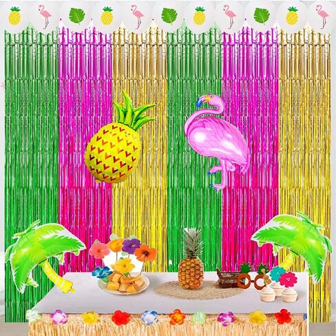 Luau Hawaiian Party Decorations, Flamingo Party Decorations, Green Rose Red and Yellow Foil Fringe Backdrop, Beach Bachelorette Streamer for Tropical Hawaiian Aloha Party Decorations(3 Pack) in Saudi Arabia
