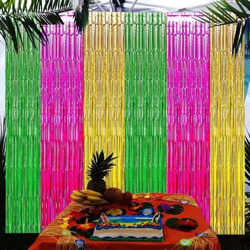 Luau Hawaiian Party Decorations, Flamingo Party Decorations, Green Rose Red and Yellow Foil Fringe Backdrop, Beach Bachelorette Streamer for Tropical Hawaiian Aloha Party Decorations(3 Pack) in Saudi Arabia
