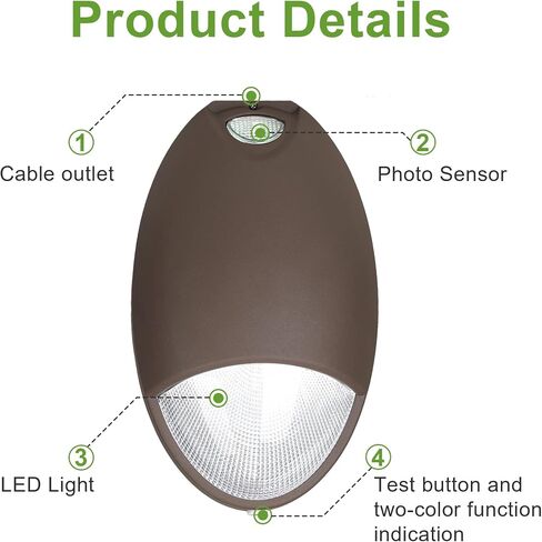 حزمة حائط للطوارئ LED مع بطارية احتياطية وخلية ضوئية، ضوء طوارئ خارجي LED من الدرجة التجارية، 12 وات 100-277 فولت تيار متردد IP65، موقع رطب، ضوء حائط برونزي داكن (عبوة واحدة) in Kuwait