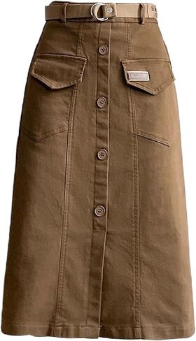 Women's Cargo Midi Front Slit Button Skirts, High Waist Elastic Maxi Pockets Skirt with Belt in Saudi Arabia