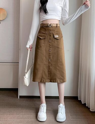 Women's Cargo Midi Front Slit Button Skirts, High Waist Elastic Maxi Pockets Skirt with Belt in Saudi Arabia