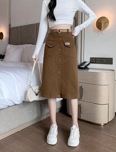 Women's Cargo Midi Front Slit Button Skirts, High Waist Elastic Maxi Pockets Skirt with Belt in Saudi Arabia