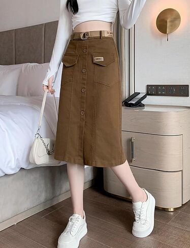 Women's Cargo Midi Front Slit Button Skirts, High Waist Elastic Maxi Pockets Skirt with Belt in Saudi Arabia
