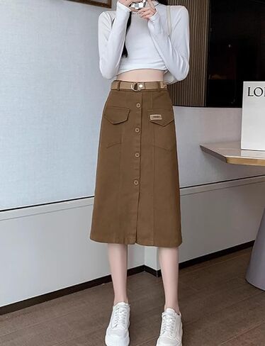 Women's Cargo Midi Front Slit Button Skirts, High Waist Elastic Maxi Pockets Skirt with Belt in Saudi Arabia