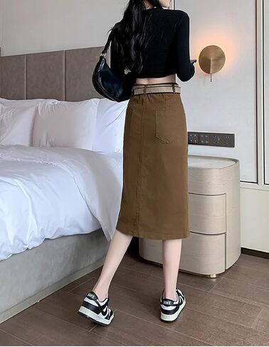 Women's Cargo Midi Front Slit Button Skirts, High Waist Elastic Maxi Pockets Skirt with Belt in Saudi Arabia