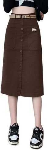 Women's Cargo Midi Front Slit Button Skirts, High Waist Elastic Maxi Pockets Skirt with Belt in Saudi Arabia